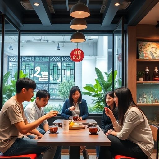 广州现代茶肆年轻人品茶
