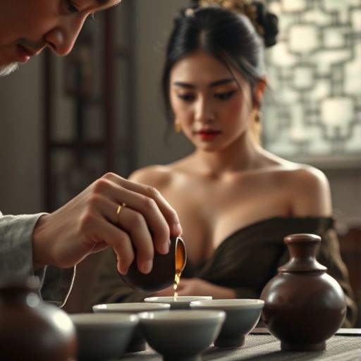 茶艺师手法娴熟，茶汤缓缓流入杯中