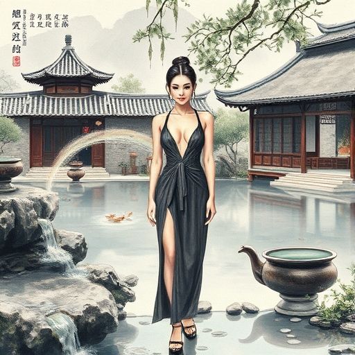 茶室庭院中的流水与绿意