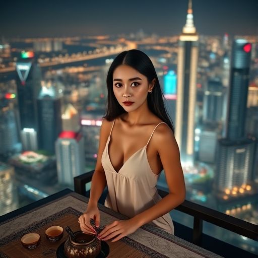 茶席与广州夜景交相辉映的画面