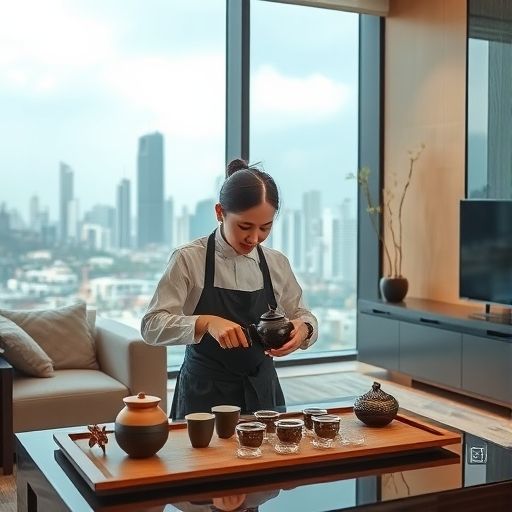 茶艺师在现代公寓泡茶