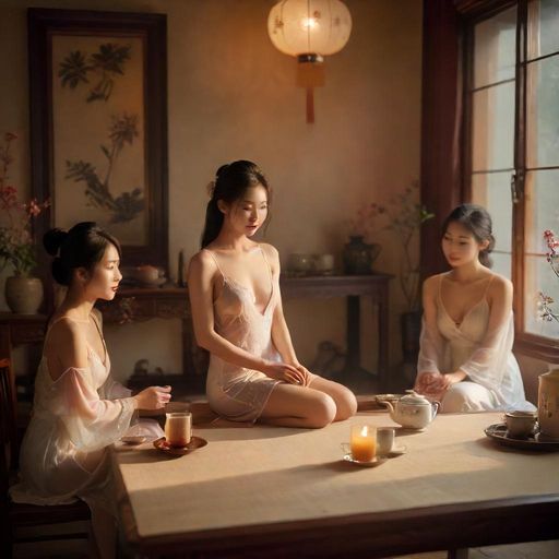 朋友们围着茶席欢笑的温馨画面