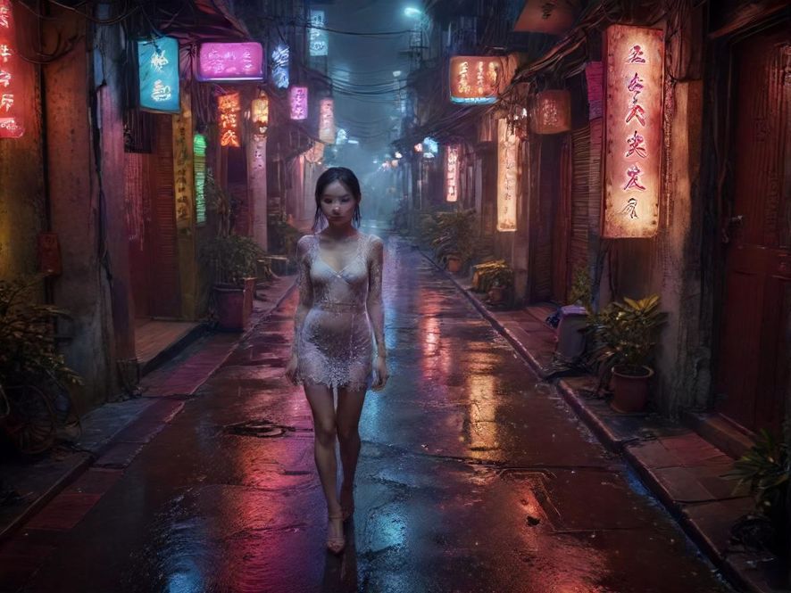老广州充满生活气息的街巷，夜晚霓虹灯闪烁，行人稀少，充满电影感。