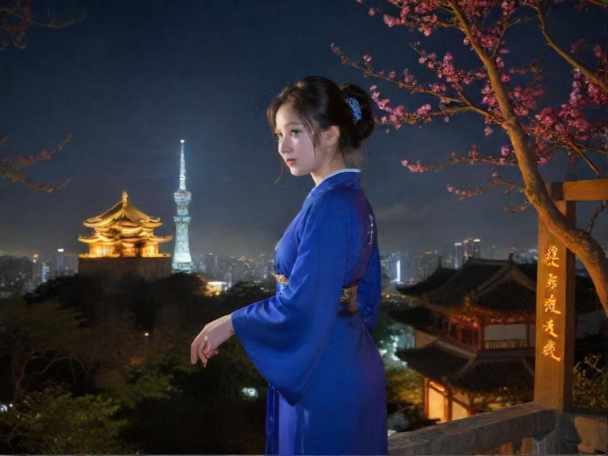 深圳夜景，俯视视角，赛博朋克风格的城市中心，霓虹灯璀璨。