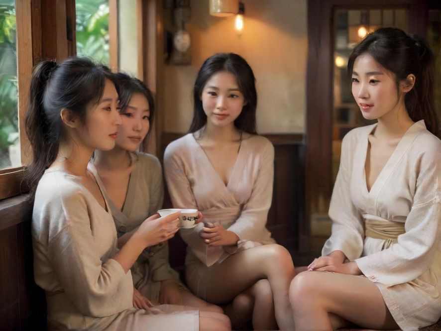 一群年轻人在温馨的茶馆里轻松交谈，享受休闲时光