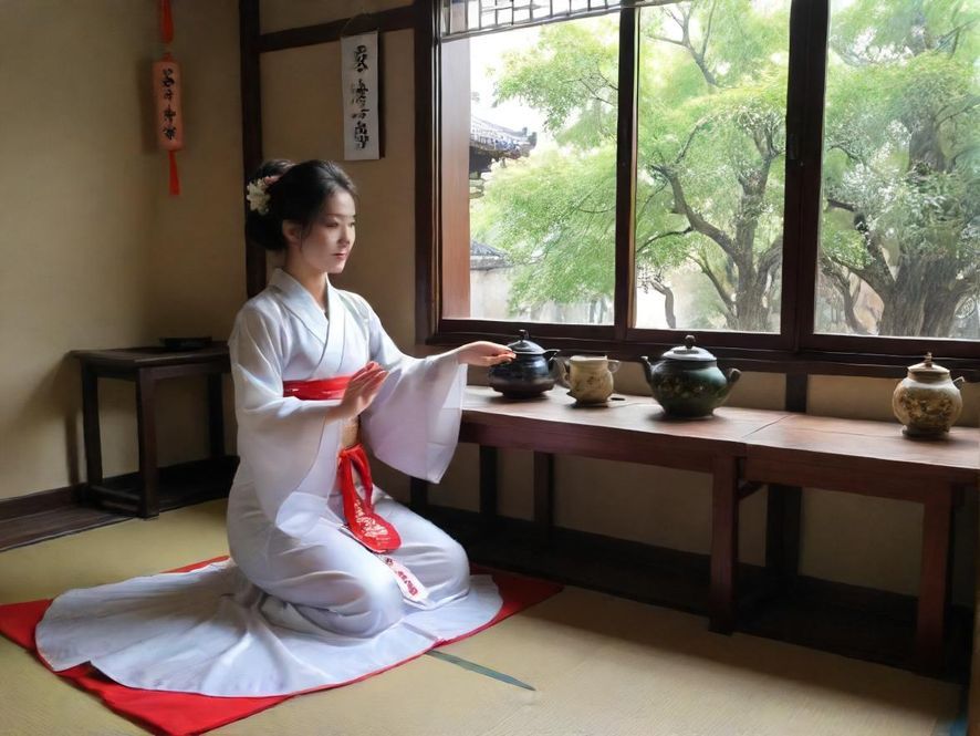 广州一家神秘茶社的室内，一位优雅的女性服务人员在柔和的灯光下，展现出电影般的质感。
