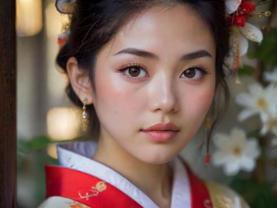 一位身着传统东方服饰的美丽女子，侧面特写，眼神深邃而富有故事感，背景是雅致的茶楼一角。