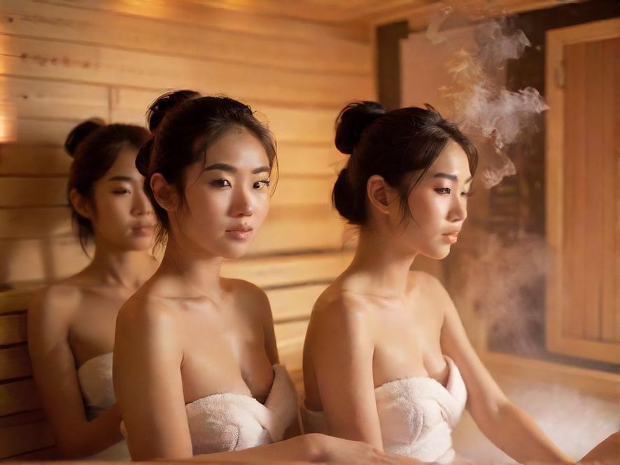 桑拿房内部，蒸汽弥漫，朦胧的光线烘托出放松的氛围，特写镜头展现湿润的木质结构。