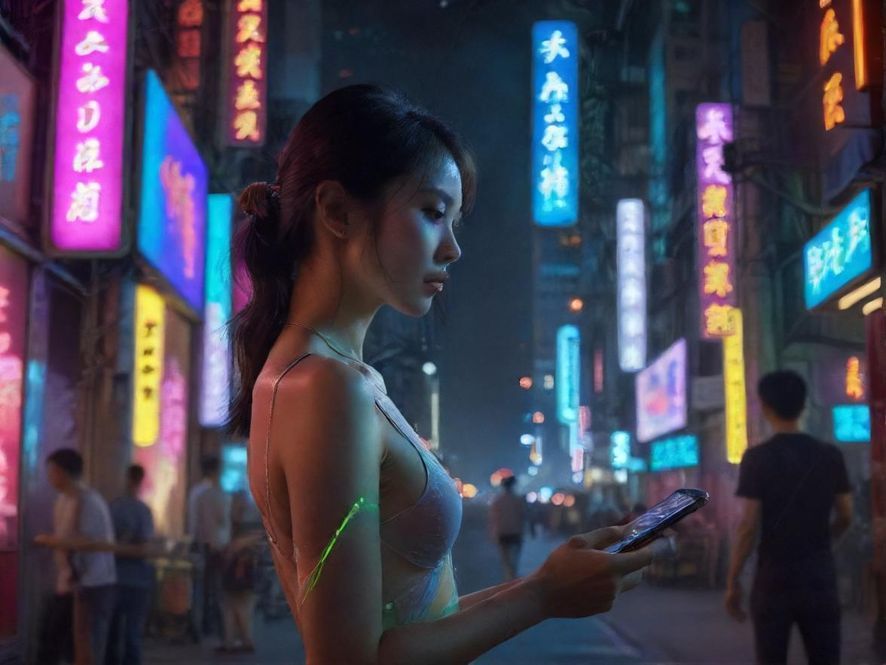 一位男士在广州夜景下专注地看着手机屏幕