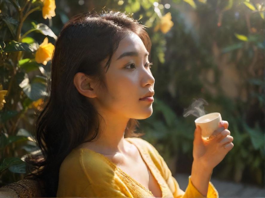 一位女士在充满阳光的秘密花园中静静品茶，享受宁静时光。