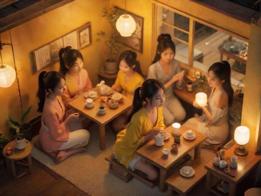 典雅中式茶室内部，光线柔和，充满禅意与宁静