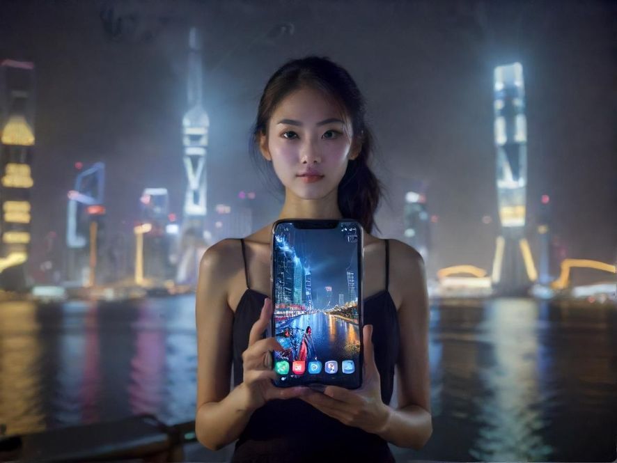 珠海夜景下手机屏幕显示的休闲论坛