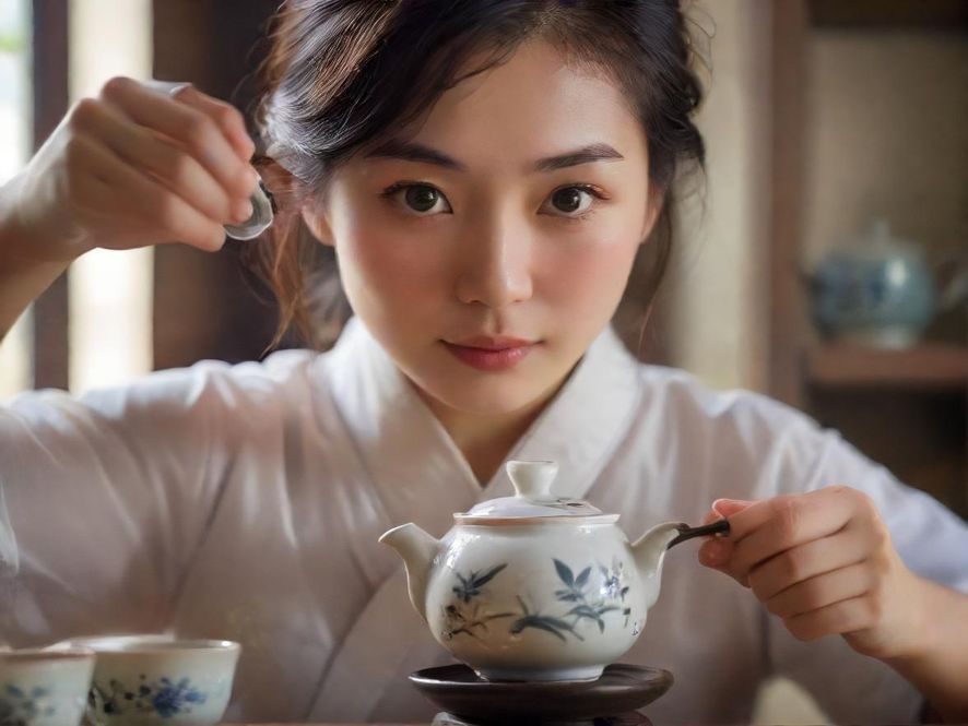 专业茶艺师专注地进行泡茶，典雅茶具与细腻动作展现茶艺之美。