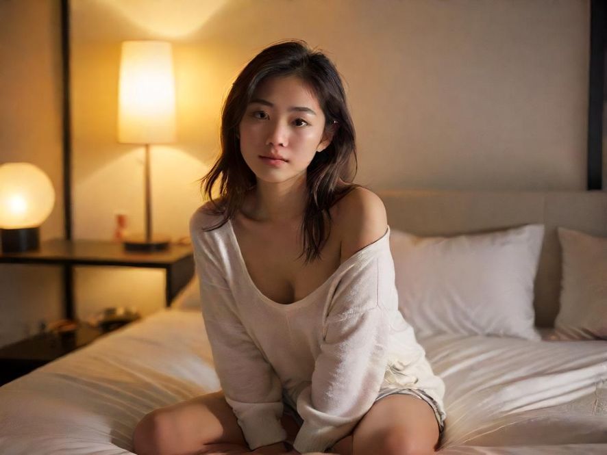 一位面带微笑的都市女性，在柔和光线下的现代简约私人空间中放松休闲