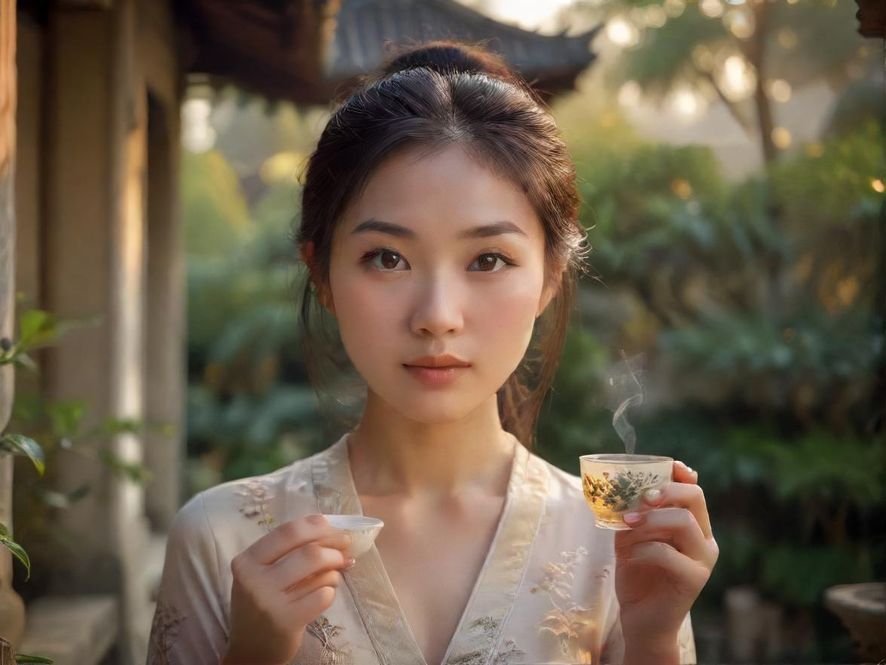 一位气质优雅的女子正在品茶,特写镜头展现其专注的神情,背景是古典园林,营造出唯美宁静的意境。