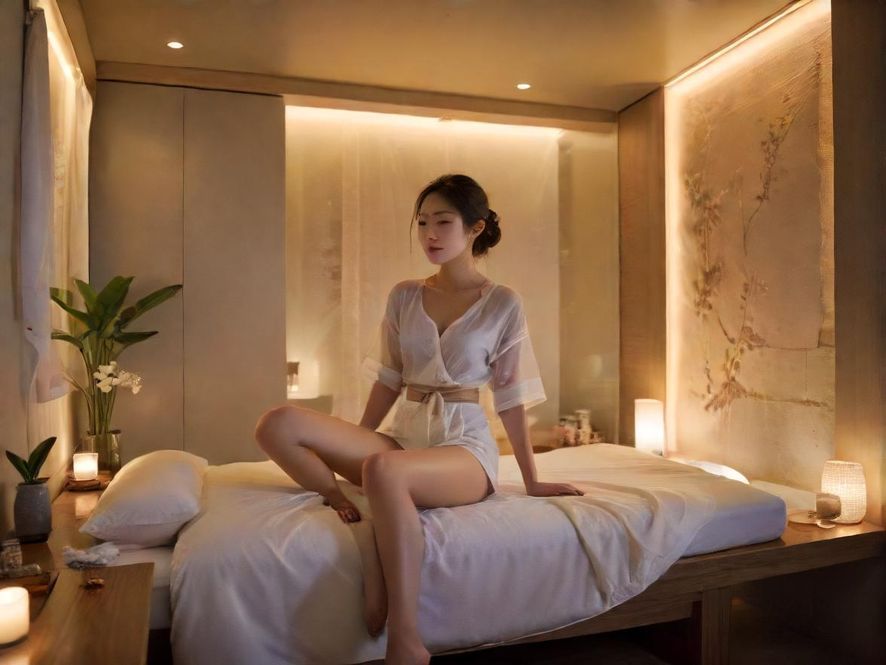 半岛时光水会内部,一间布置温馨的按摩房,柔和的灯光映照着舒适的床铺,弥漫着东南亚风情