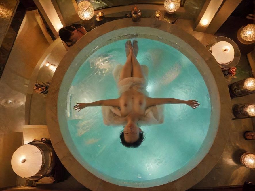 广州一家高端水疗会所的内部环境，俯视角度展现其奢华雅致的设计和宁静的私密空间，让人感到放松和舒适。