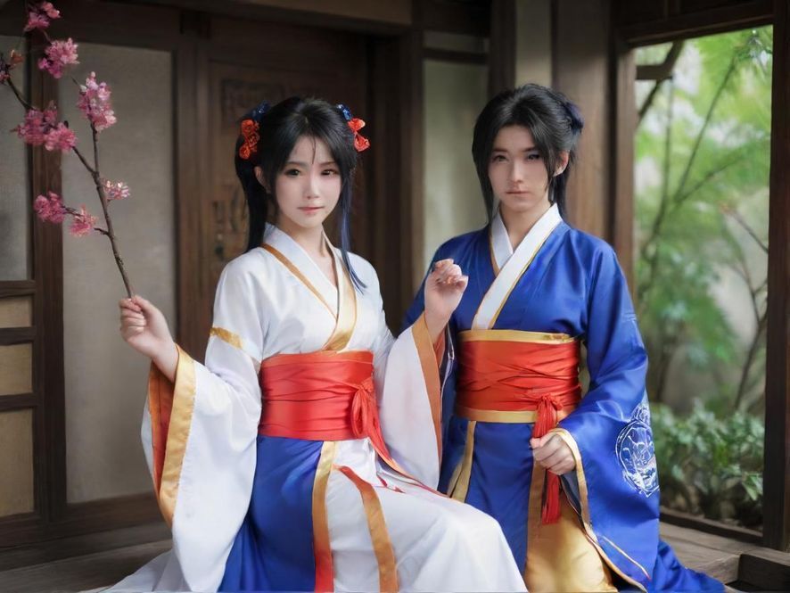 一位专业的Cosplay角色扮演者，以动漫风格的全身照，站在一个充满创意的家居背景前。
