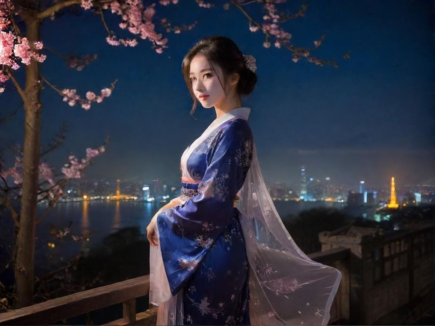 广州璀璨夜色下,一群气质各异的佳丽在灯光中展现迷人风姿,背景是繁华的都市夜景