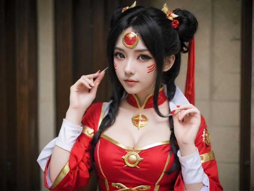 一位身着华丽Cosplay服装的美女，在温馨的私人公寓内，光影交错，营造出梦幻般的氛围。