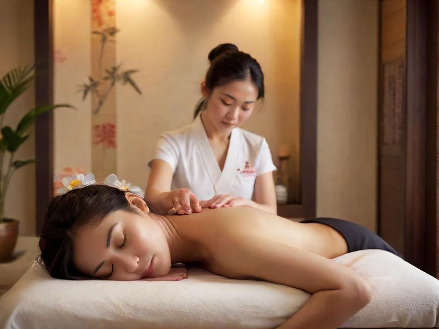 一位经验丰富的技师正在为顾客进行肩颈按摩的侧面特写，展现出温馨舒适的中式养生会馆氛围和专业手法。