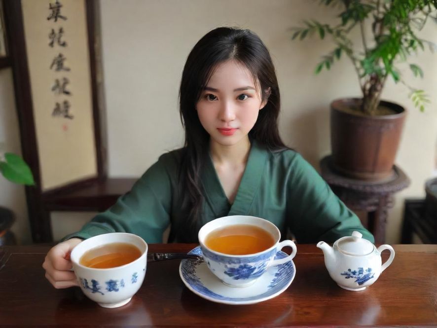 一位气质优雅的美女正在古典茶室中侧面品茶，画面充满唯美意境，展现了东方文化的精致与宁静