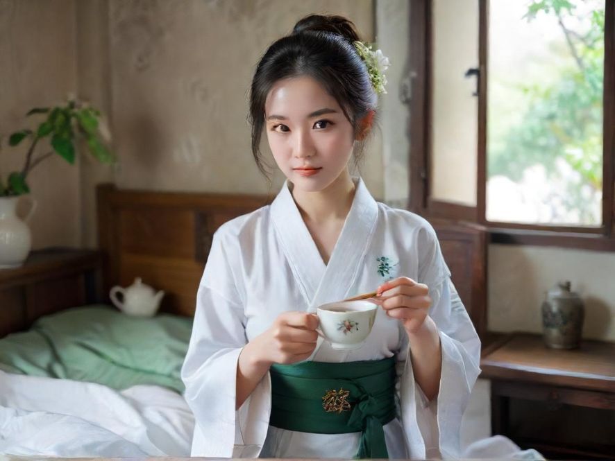 一位女士在雅致的茶室中享受宁静的时光，背影展现出放松与惬意，周围是现代中式风格的柔和灯光。