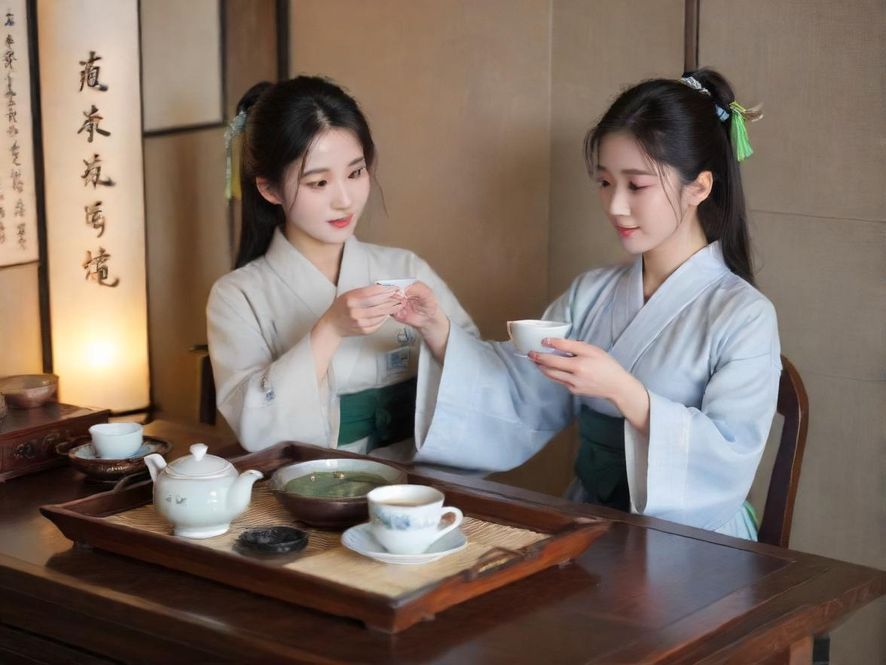 一位优雅的女子在温馨的茶室中品茶,侧面特写展现了她专注而放松的神情,柔和的光线勾勒出静谧的氛围。