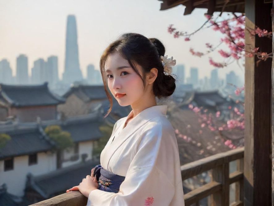 一位年轻女子在广州的城市背景下,惊喜地看着手机屏幕,似乎发现了什么好消息。