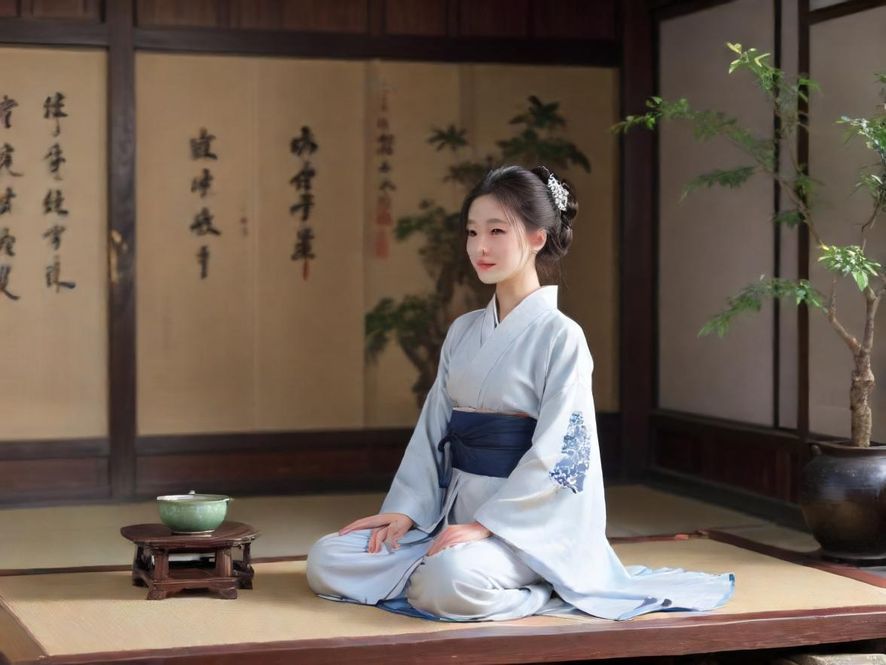 一位广州茶艺师正在古典茶室中,侧身专注地进行茶道表演,姿态优雅,光线唯美。