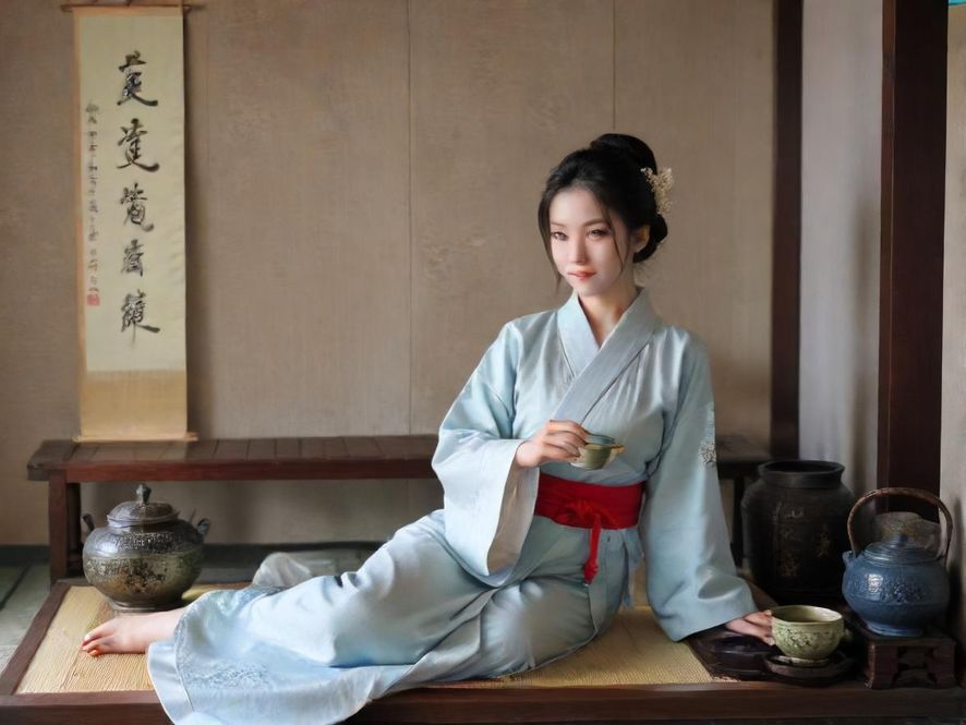 一位女士在深圳龙华雅致茶室中品茶