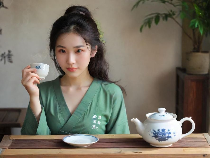 广佛深私密茶室中,一位身姿优雅的女士侧身品茶,神情专注